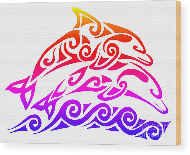 Dolphin Wood Print featuring the mixed media Rainbow Tribal Dolphins by Rebecca Wang
