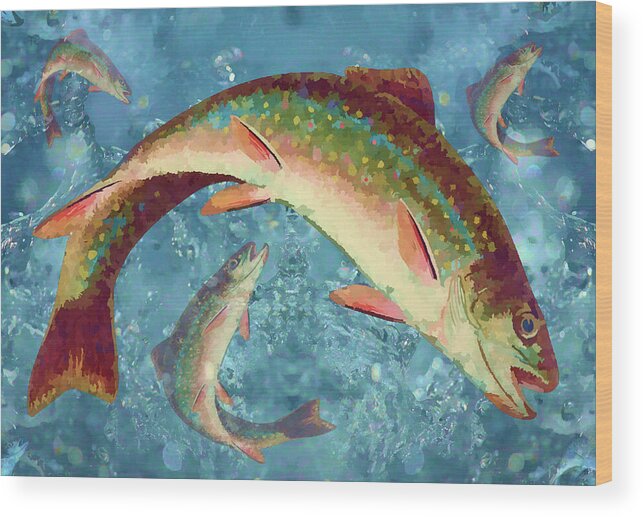 Wildlife Wood Print featuring the mixed media Rainbow Brook Trout Freshwater Fish Painting by Shelli Fitzpatrick