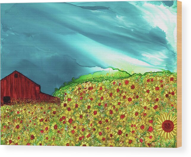 Sunflowers Wood Print featuring the painting Red Barn by Kimberly Deene Langlois