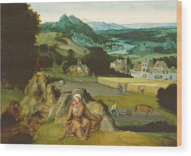 Joachim Patinir Wood Print featuring the painting Rest on the Flight into Egypt and the Miraculous Field of Wheat by Joachim Patinir