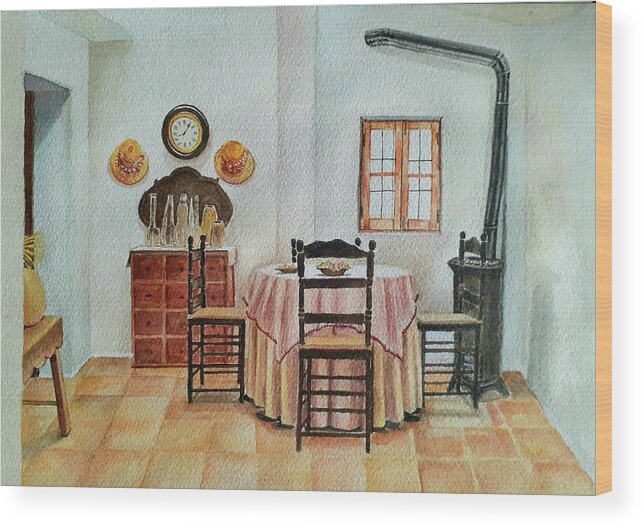 Room Wood Print featuring the painting Room with a clock by Carolina Prieto Moreno