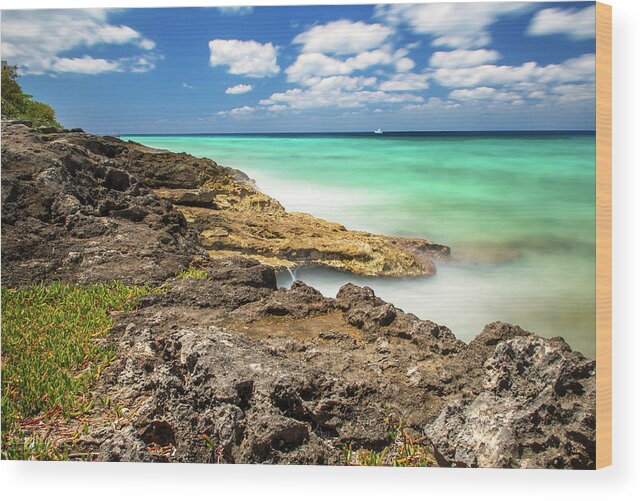 Cozumel Wood Print featuring the photograph Come Sail Away - Cozumel Mexico Beach with distant sailboat by Peter Herman