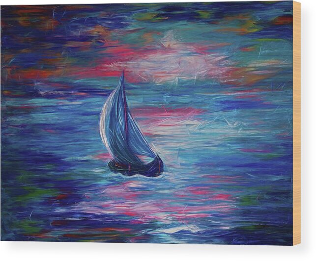 Olena Art Wood Print featuring the painting Sailing Boat Sunrise by OLena Art by Lena Owens - Vibrant DESIGN