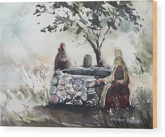 Samaritan Women Meeting Jesus At The Well Wood Print featuring the painting Samaritan women at the well new by George Jacob