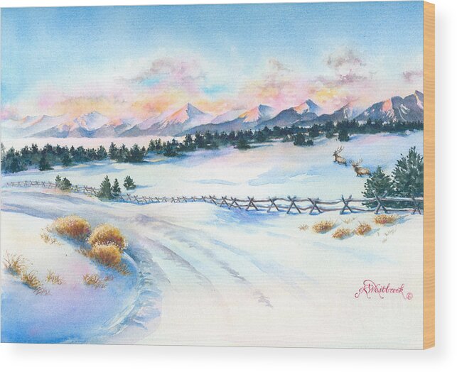 This Was My View Early One Cold Wood Print featuring the painting Sangres Sunrise by Jill Westbrook