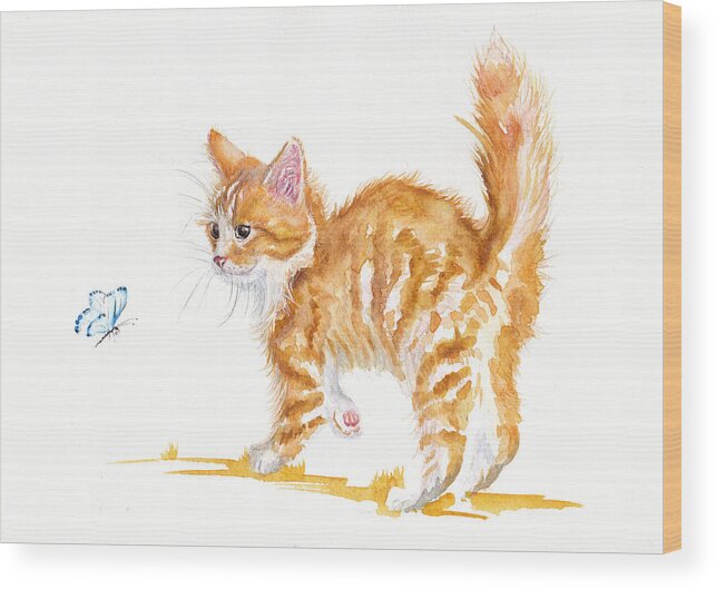 Cat Wood Print featuring the painting Scaredy Cat by Debra Hall