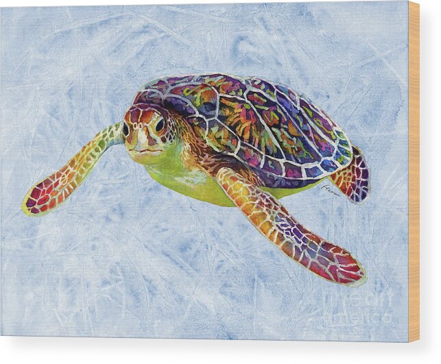 Turtle Wood Print featuring the painting Sea Turtle 3 on Blue by Hailey E Herrera