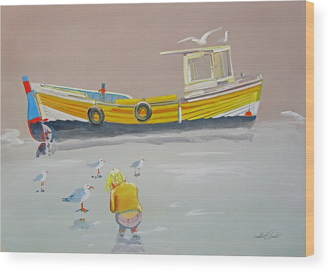Fishing Boat Wood Print featuring the painting Seagulls With Fishing Boat by Charles Stuart