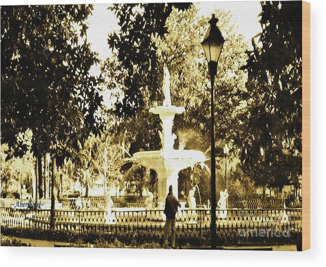 Public Spaces Wood Print featuring the photograph Sepia Afternoon Forsyth Park Fountain in Savannah Georgia USA by Aberjhani