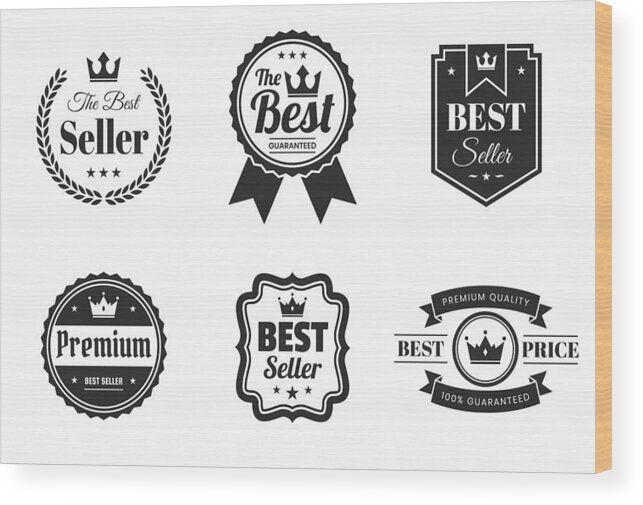 Crown Wood Print featuring the drawing Set of Best Black Badges and Labels - Design Elements by Bgblue