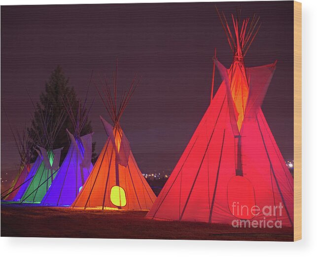 Night Wood Print featuring the photograph Seven Tribute Teepees by Kae Cheatham