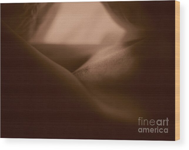 35mm Wood Print featuring the photograph Sexy young lady nude in bed - Silver gelatin analog 35mm film photo in sepia by Edward Olive