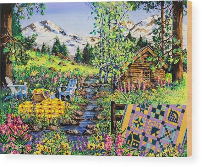 Log Cabin Wood Print featuring the painting Sisters Sampler by Diane Phalen