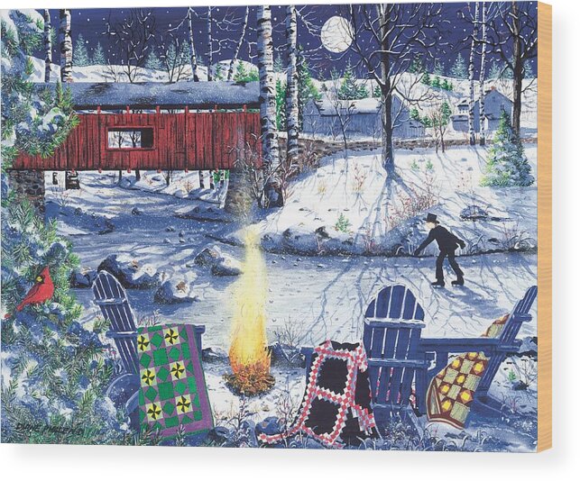 Covered Bridge Wood Print featuring the painting Skater's Bonfire by Diane Phalen