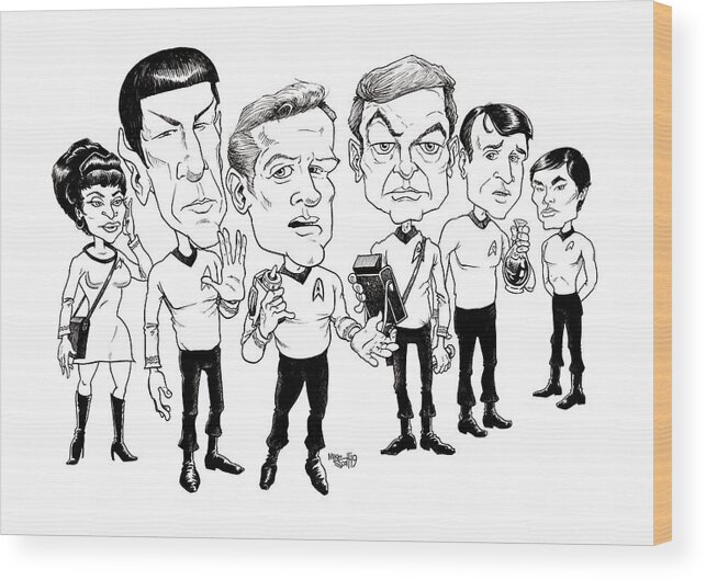 Caricature Wood Print featuring the drawing Star Trek 1968 by Mike Scott