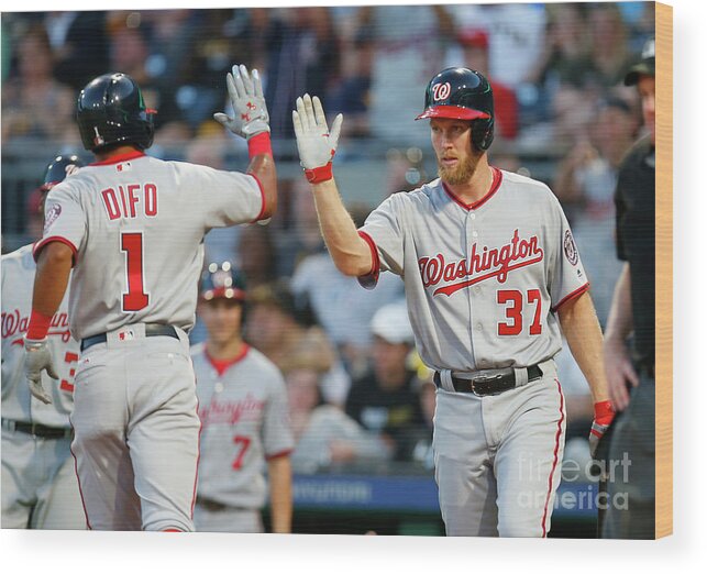 Three Quarter Length Wood Print featuring the photograph Stephen Strasburg and Wilmer Difo by Justin K. Aller