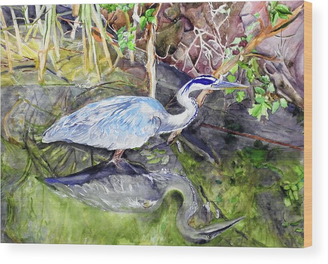 Blue Heron Wood Print featuring the painting Still Water by Barbara F Johnson