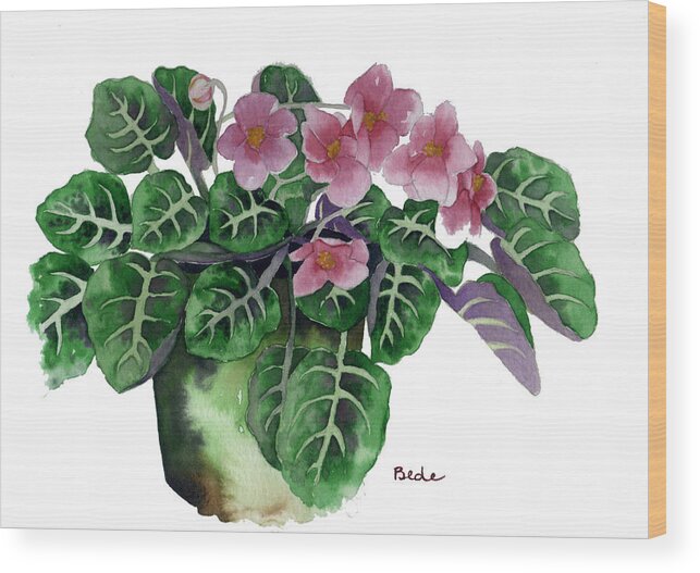 Africanviolet Pink Green Flower Watercolor Wood Print featuring the painting Stormy by Catherine Bede