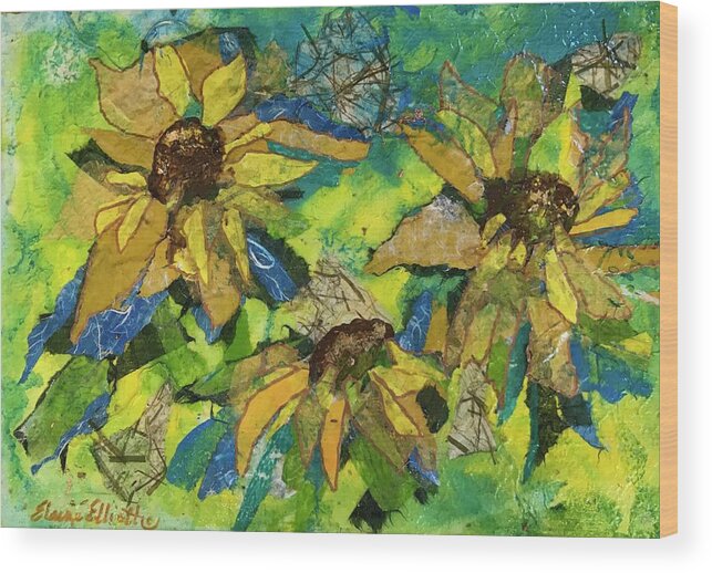 Sunflowers Wood Print featuring the painting Sunflowers by the Sea by Elaine Elliott
