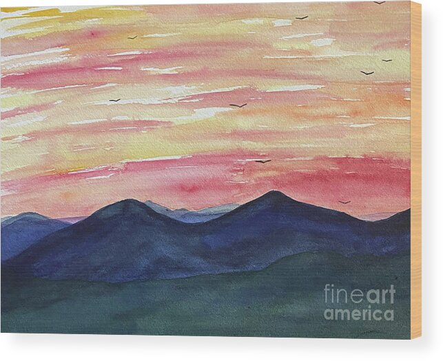 Sunrise Wood Print featuring the painting Sunrise Mountains by Lisa Neuman