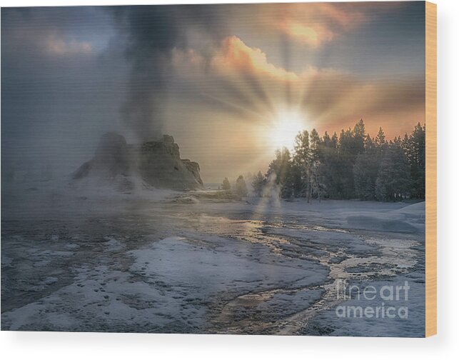 Sunrise;yellowstone;national Park;wyoming;landscape;dawn;castle Geyser;winter;runoff;steam;fog;smoke;clouds;ice;snow;thermals;geysers;features;sandra Bronstein;winterscapes;winterscape;fine Art Photography;frigid;haze;geothermal;landscapes;natural Feature;morning;western United States;out West;iconic;travel;tourism;daybreak;trees;eruption;silica;horizontal;popular Wood Print featuring the photograph Sunrise on Castle Geyser - Yellowstone by Sandra Bronstein