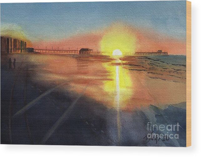 Pier Wood Print featuring the painting Sunset on Pier by Vicki B Littell