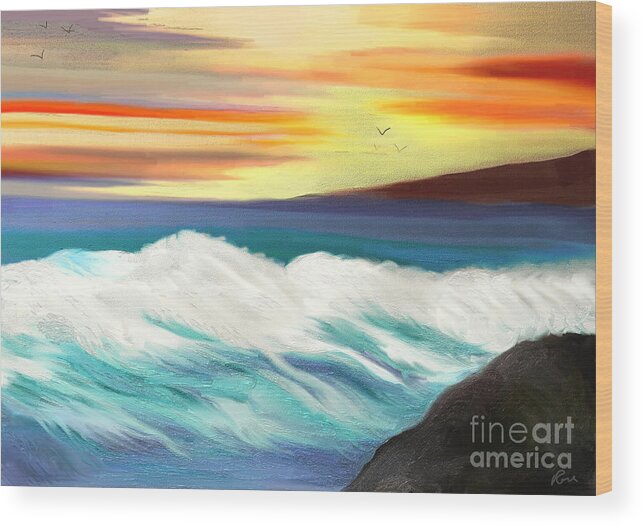 Crashing Waves Wood Print featuring the digital art Sunset view by Elaine Hayward