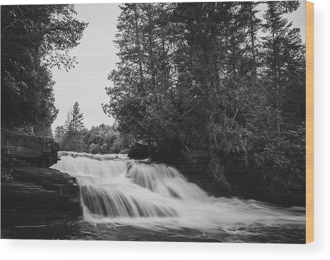 Tahquamenon Falls Black And White Lower Falls Wood Print featuring the photograph Tahquamenon Falls Lower Black And White by Dan Sproul