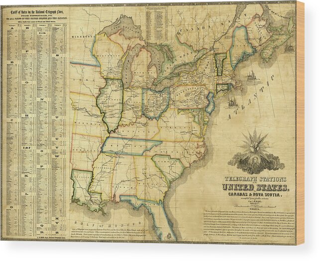 Rails Wood Print featuring the drawing Telegraph stations in the United States Canada and Nova Scotia 1853 by Vintage Railroad Maps