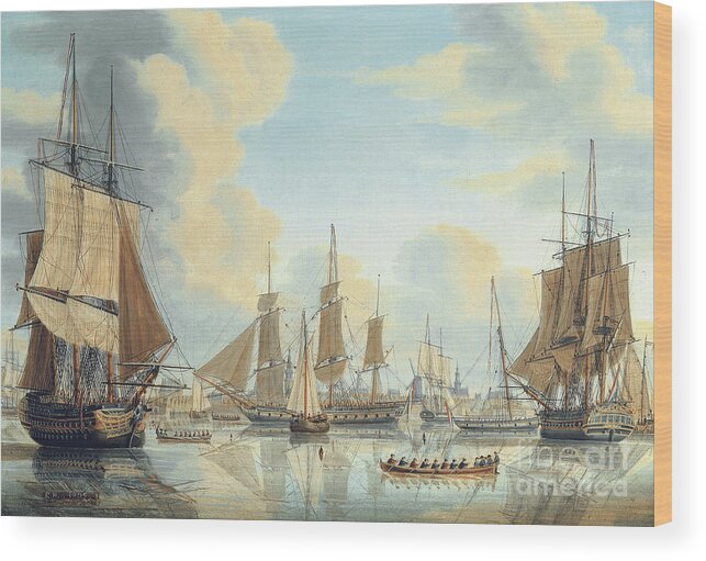 Ship Wood Print featuring the painting The Batavian fleet under Vice-Admiral Carel Hendrik Verhuell at Flushing, 1805 by Engel Hoogerheyden