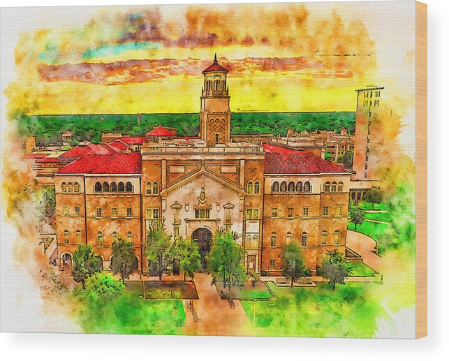 English And Philosophy Building Wood Print featuring the digital art The English and Philosophy Building of the Texas Tech University - pen and watercolor by Nicko Prints