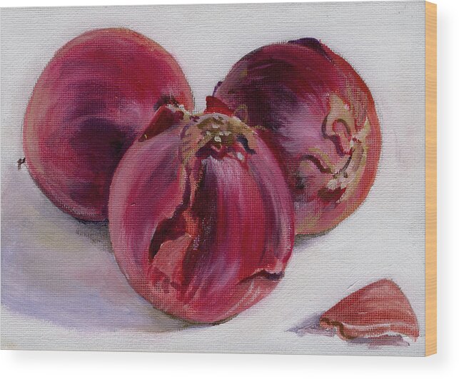 Still-life Wood Print featuring the painting Three More Onions by Sarah Lynch