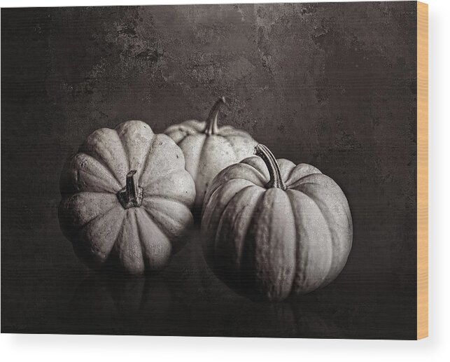 Three Wood Print featuring the digital art Three Pumpkins in Black and White by Cindy Collier Harris