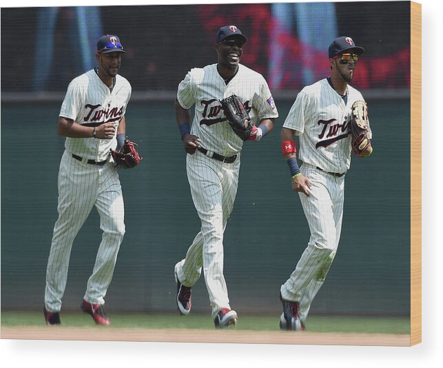 People Wood Print featuring the photograph Torii Hunter, Aaron Hicks, and Eddie Rosario by Hannah Foslien