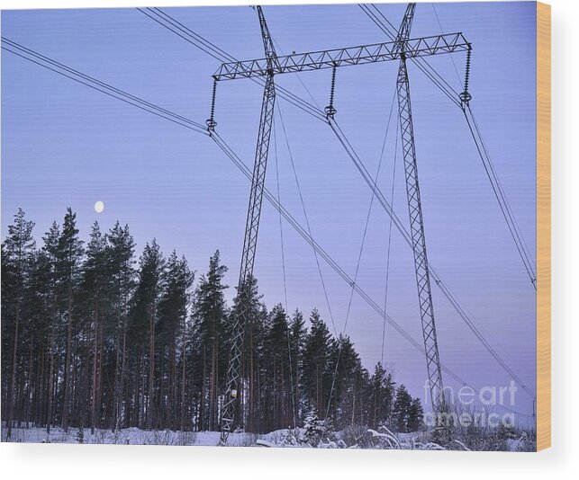 Power Line Wood Print featuring the photograph Transmission of electricity 3 by Esko Lindell