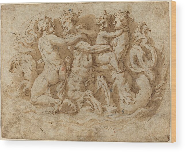 Attributed To Pellegrino Tibaldi Wood Print featuring the drawing Tritons and Nymphs by Attributed to Pellegrino Tibaldi
