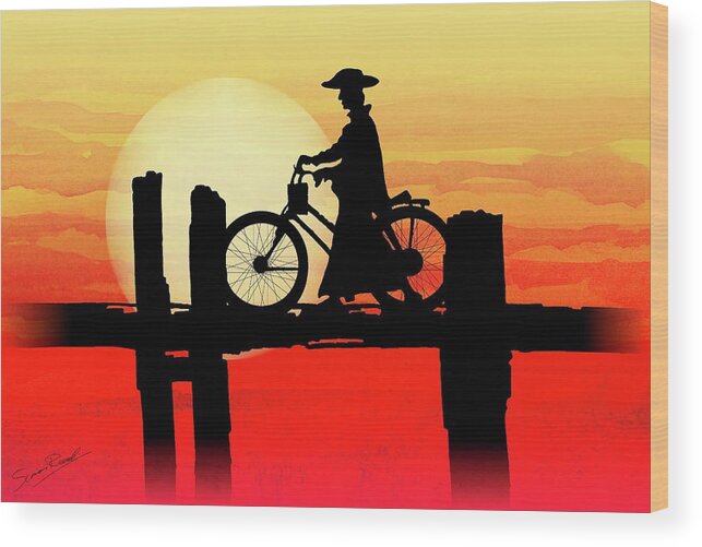 U Bein Bridge Wood Print featuring the painting U Bein Bridge Bicycle by Simon Read