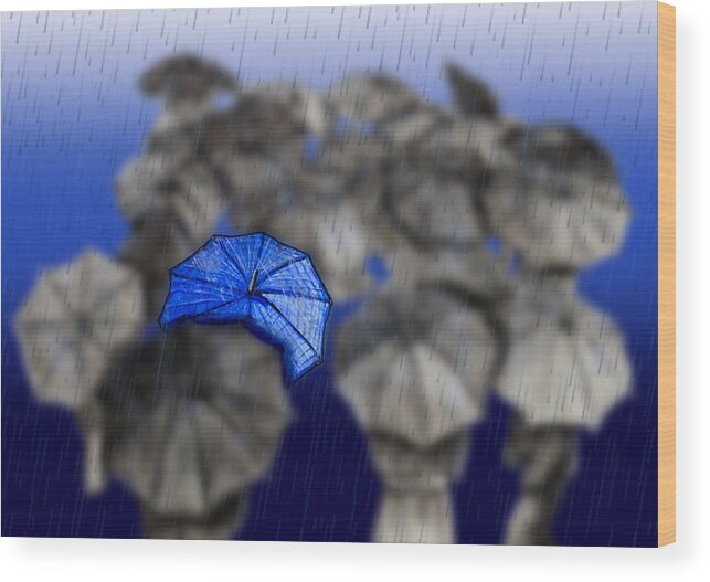 Black And White Painting Wood Print featuring the mixed media Umbrella Stands Out - Blue by Kelly Mills