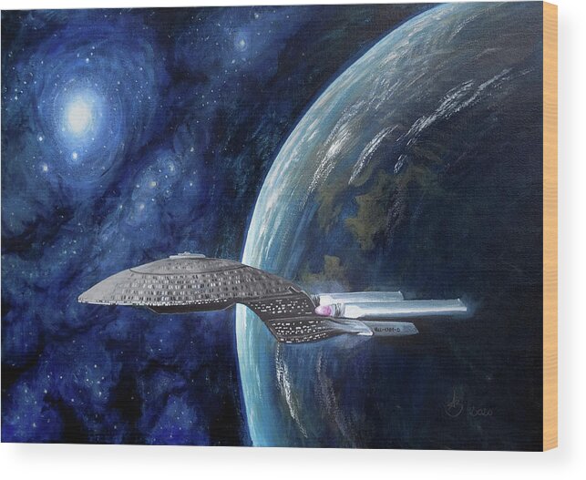 Space Wood Print featuring the painting USS Enterprise - Star Trek Art, Painting of a Spaceship Captained by Picard by Aneta Soukalova
