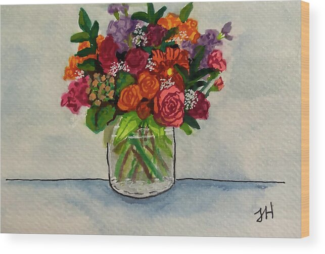 Vase Wood Print featuring the painting Vase of Flowers by Jean Haynes