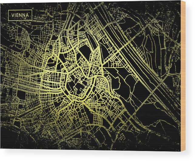 Map Wood Print featuring the digital art Vienna Map in Gold and Black by Sambel Pedes