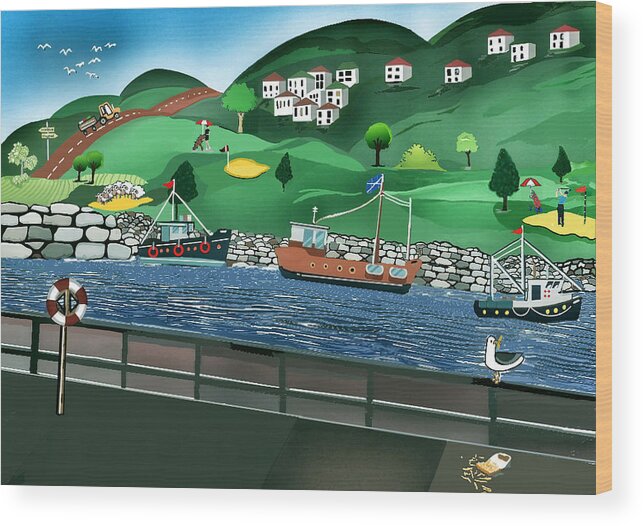 Colourful Wood Print featuring the digital art Village Harbour by John Mckenzie