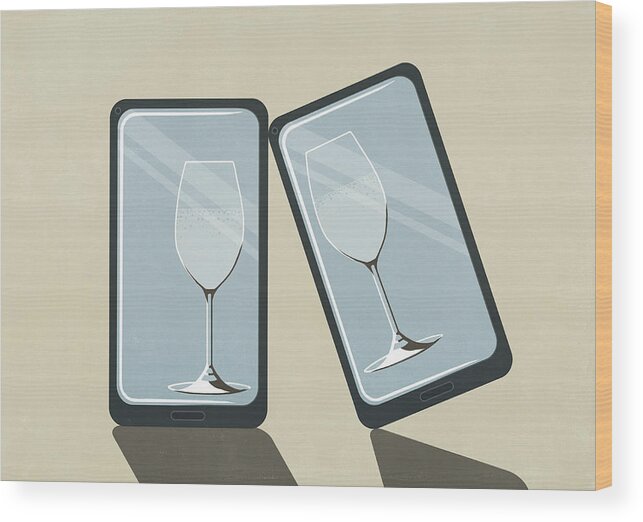 Color Image Wood Print featuring the drawing Virtual champagne glasses on device screens by Malte Mueller