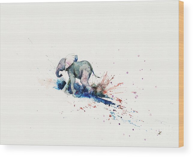 Elephant Wood Print featuring the painting Wait for Me by Zaira Dzhaubaeva