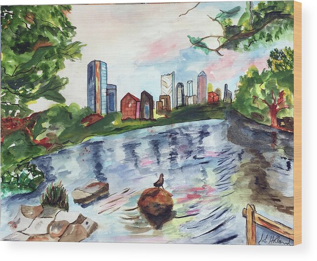 Tree Wood Print featuring the painting Walk on Lady Bird Lake by Genevieve Holland