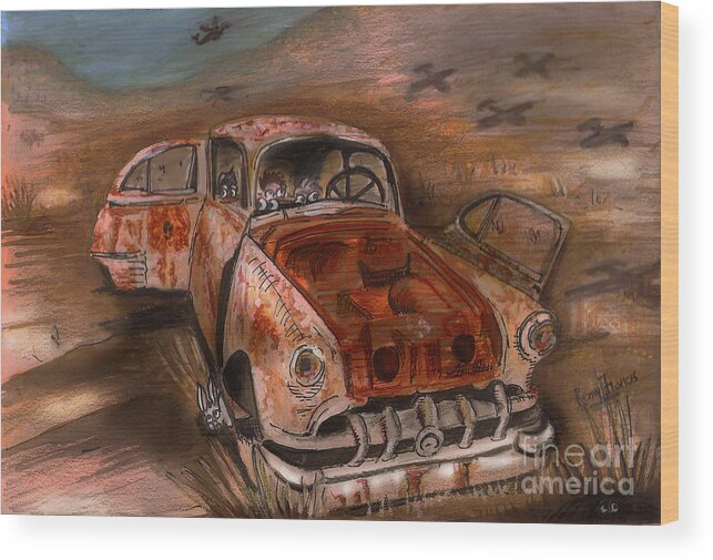 Watercolour Rusted Car Wood Print featuring the painting War-torn by Remy Francis