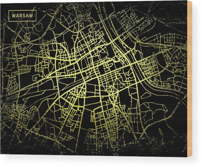 Map Wood Print featuring the digital art Warsaw Map in Gold and Black by Sambel Pedes