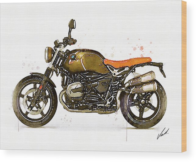 Motorbike Paitning Wood Print featuring the painting Watercolor BMW NineT SCRAMBLER motorcycle - oryginal artwork by Vart. by Vart