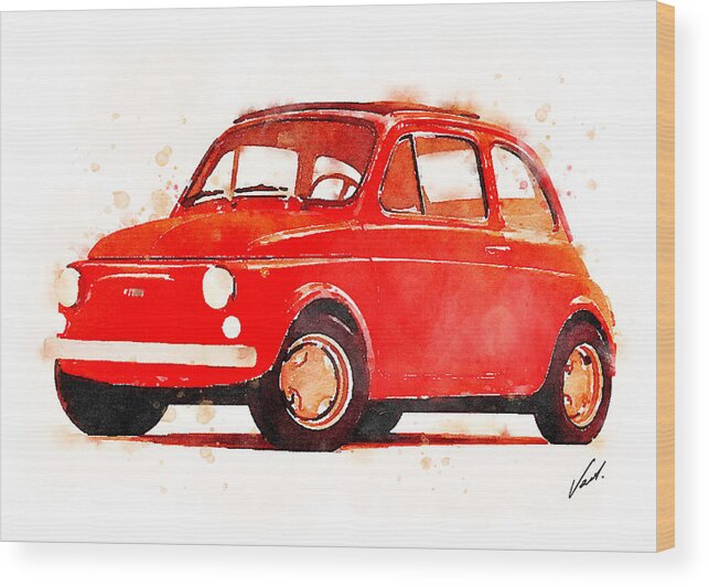 Watercolor Wood Print featuring the painting Watercolor classic Fiat 500 by Vart by Vart