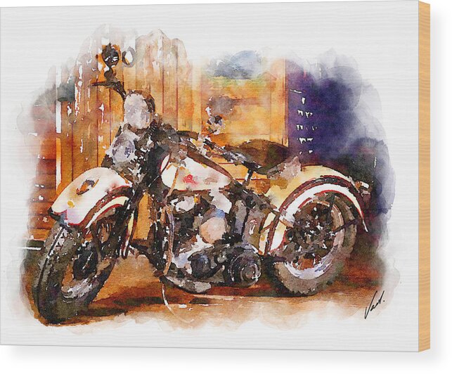 Watercolor Wood Print featuring the painting Watercolor classic Harley-Davidson by Vart by Vart
